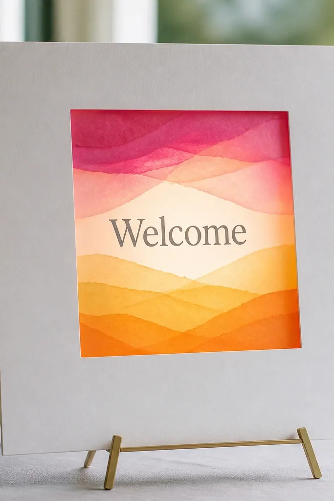 A foam board sign with a centered window made of layered tissue paper. The "Welcome" text is printed on white paper behind the tissue, and the tissue glows softly.