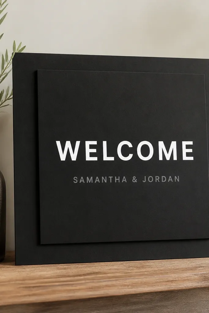 A minimalist sign built from stacked black cardstock layers. "Welcome" is white block text on black, with names in smaller gray text, all centered.