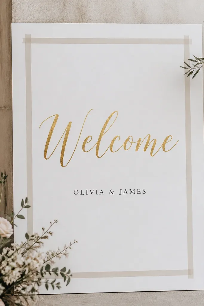 A matte white board with a painter's tape frame. "Welcome" is written in gold leaf effect lettering, names in smaller black text, and the overall finish looks soft and non-glossy.