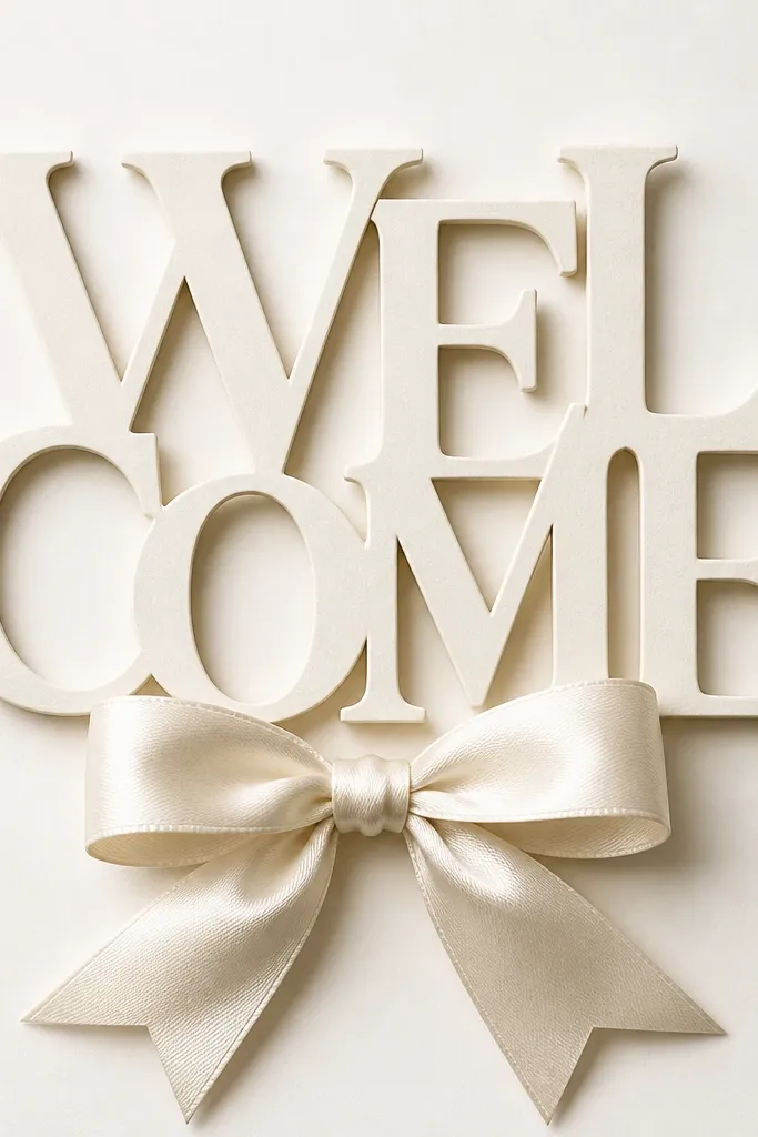 A sign with large cutout letters spelling "WELCOME" stacked or layered. A satin ribbon bow sits centered beneath, and the background is off-white cardstock.
