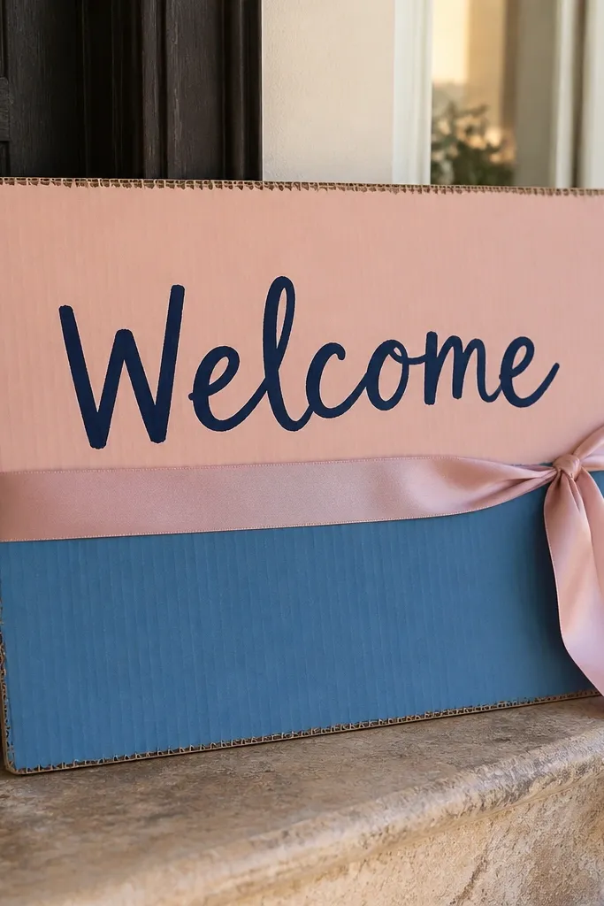 A corrugated cardboard sign with clean color blocks in blush and dusty blue. "Welcome" is written in dark navy marker, and a satin ribbon runs horizontally across the middle like a sash.