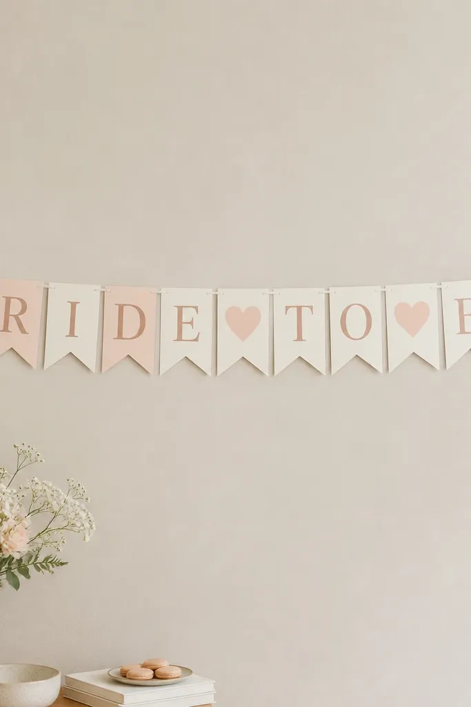 A pearl-white and blush "Bride to Be" banner made from matte cardstock pennants, hung in a straight line on a light beige wall using small white command-style hook clips; the letters are centered and level.