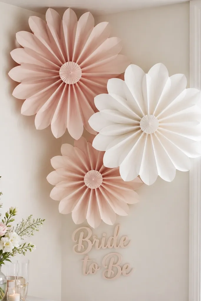 Three large paper fan flowers in blush and white arranged in a corner, with a small 'Bride to Be' sign beneath them; they hang from removable hooks.