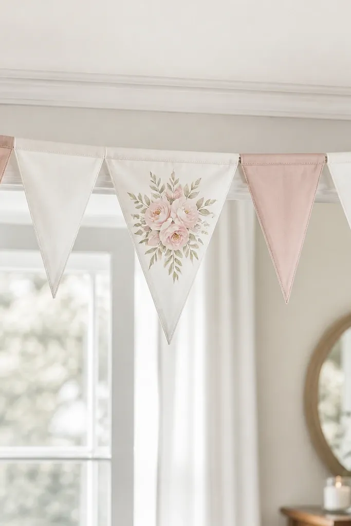 A string of triangular fabric pennants in blush and white hanging from a tension rod, with a central printed 'Bride to Be' panel.