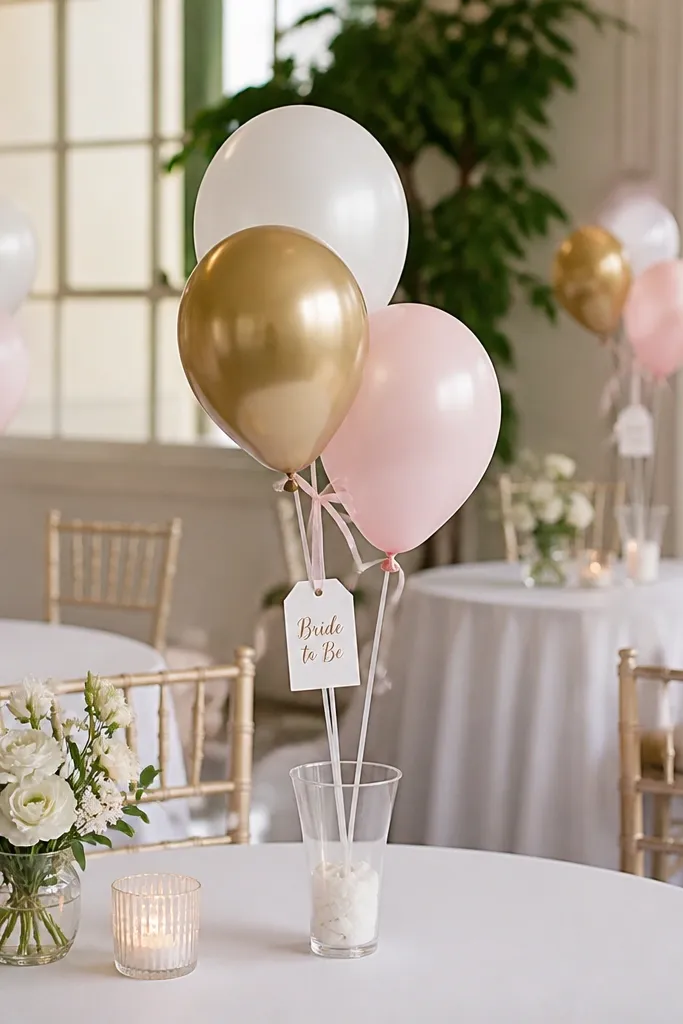 Small balloon clusters in clear cups on each table, mixing blush, white, and one gold balloon; each cluster has a 'Bride to Be' tag tied to the ribbon.