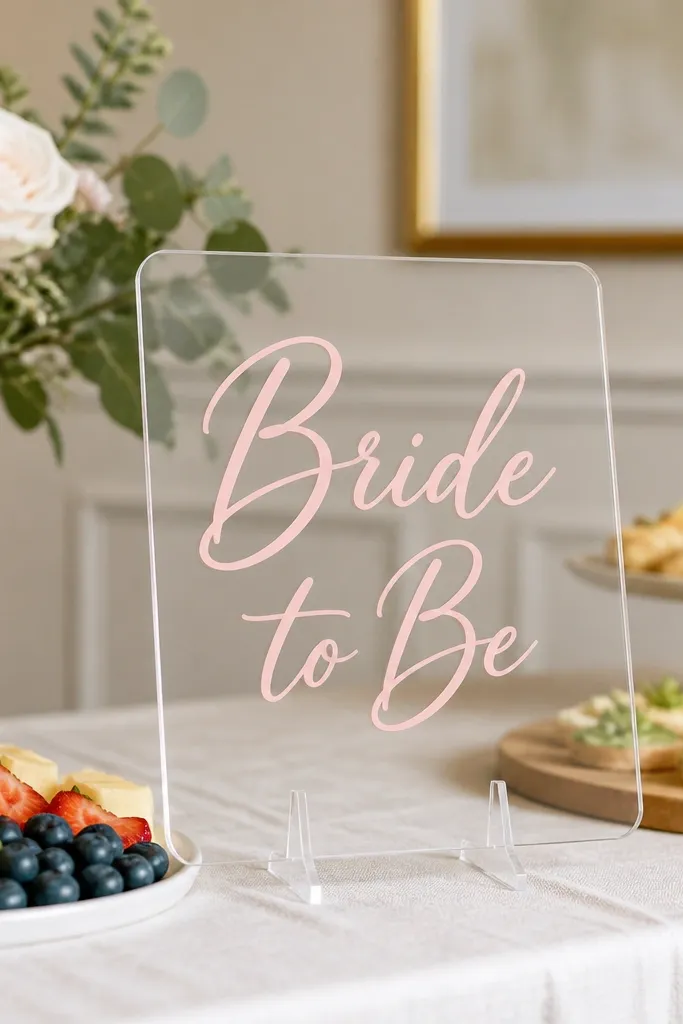 A clear acrylic sign on a small stand reading 'Bride to Be' with blush vinyl letters, placed on a buffet table; the letters look crisp.
