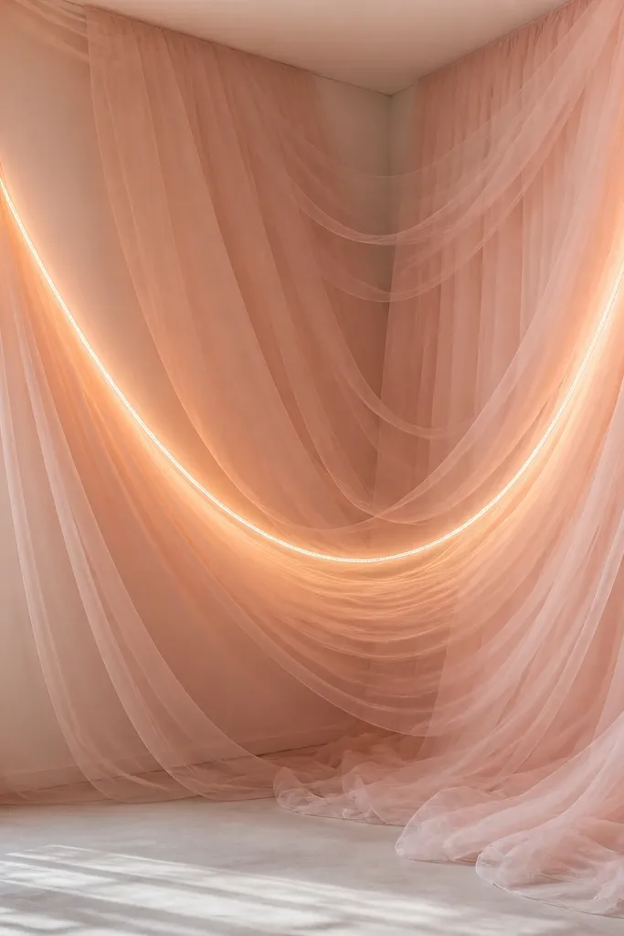 A wall corner covered with layered blush tulle and a thin warm LED strip wrapped in a gentle U shape; the fabric glows softly.