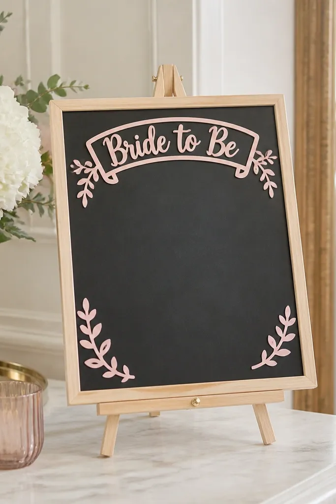 A small chalkboard-style board on an easel with a 'Bride to Be' header and removable vinyl accents in blush; the board sits at the entry table.