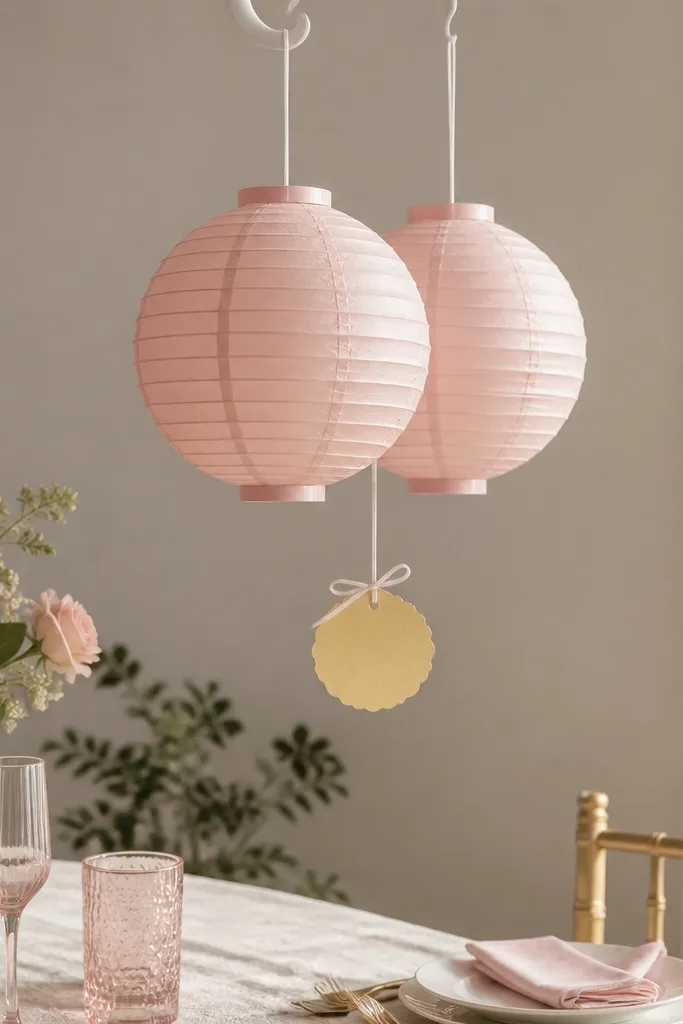 Two blush paper lanterns hanging from a removable hook above a table, with a small gold paper 'Bride to Be' tag tied to the string.
