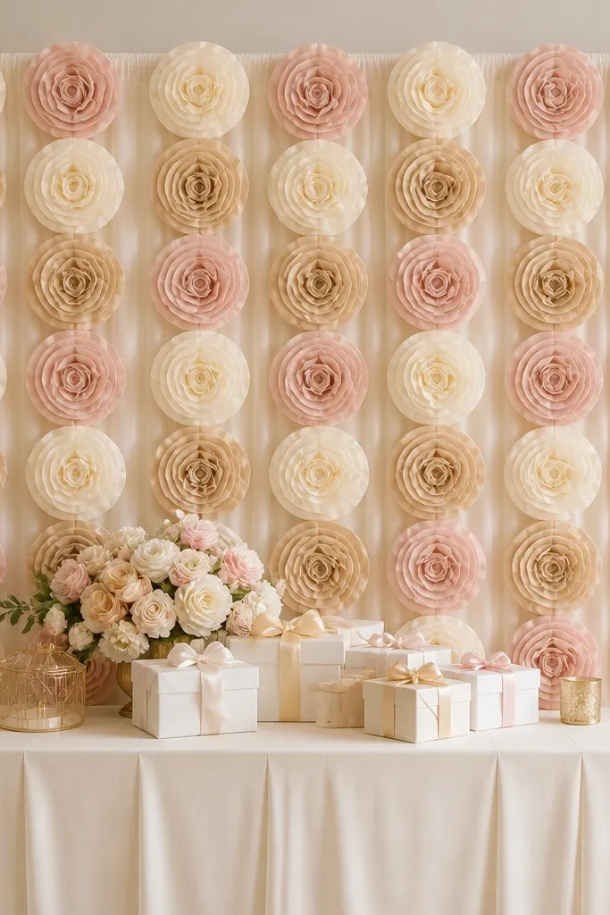 A gift table backdrop made of layered fabric rosettes in blush, cream, and light gold, clipped to a lightweight curtain rod; the rosettes are evenly spaced.