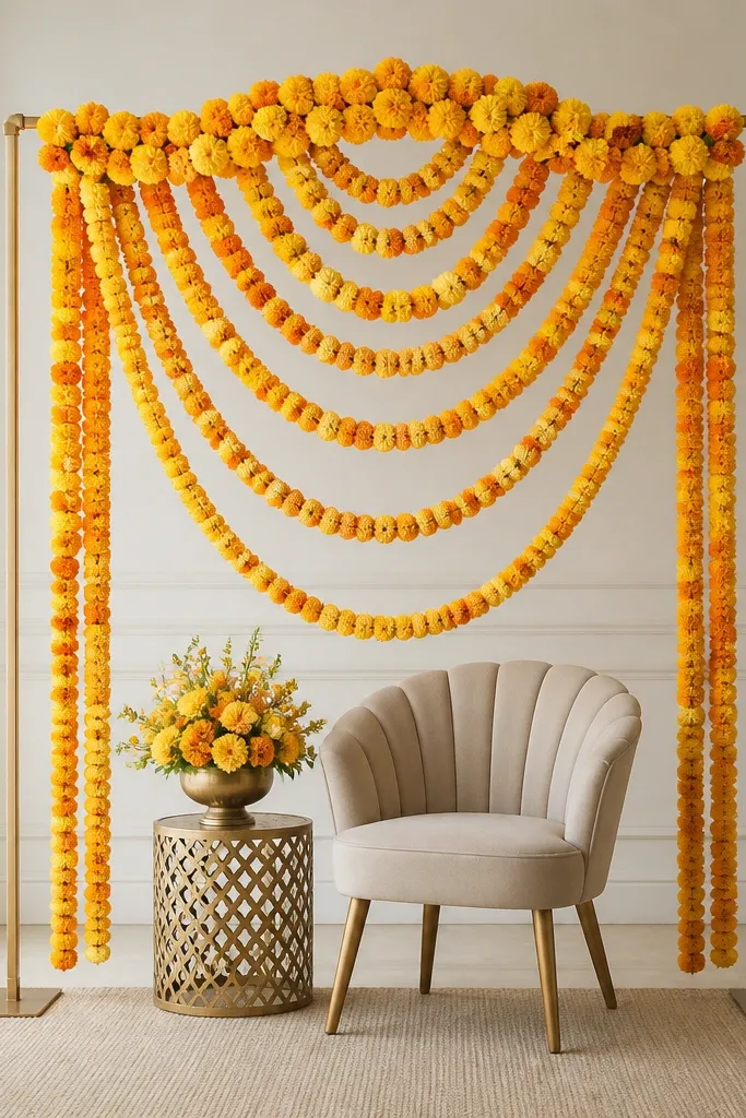 A freestanding metal backdrop stand with a yellow-and-orange marigold pom-pom garland looped in layers, creating a curved arch behind a small sign and a chair; the garland is evenly spaced with a soft fuller top.