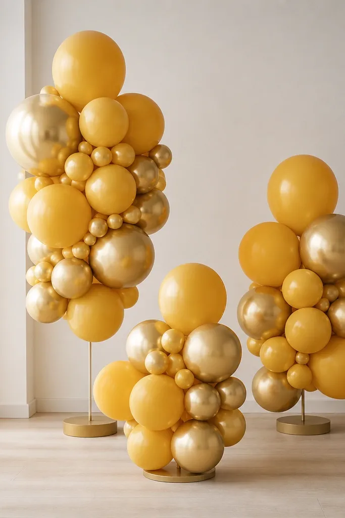 Three balloon clusters in turmeric yellow and gold, each cluster sits on a round weighted base; the balloons are grouped tightly and arranged at different heights, with no balloon tape on the wall.