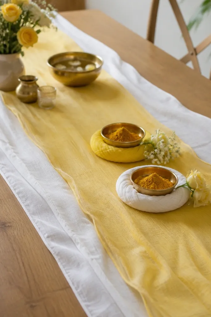 A dining table with two layered muslin runners in pale yellow and white, with small circular rings of fabric around a set of haldi bowls; the fabric drapes with soft wrinkles and clean edges.
