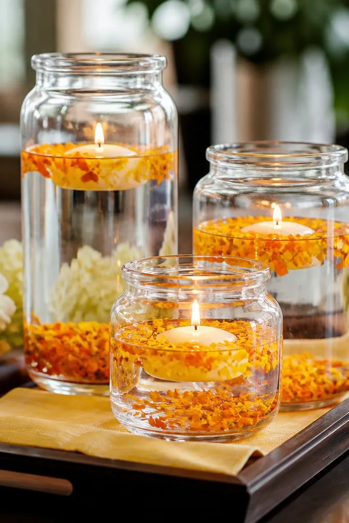 Clear glass jars with LED candles inside, filled with water and floating marigold petals in orange and yellow; the jars sit on a tray with a pale yellow runner.