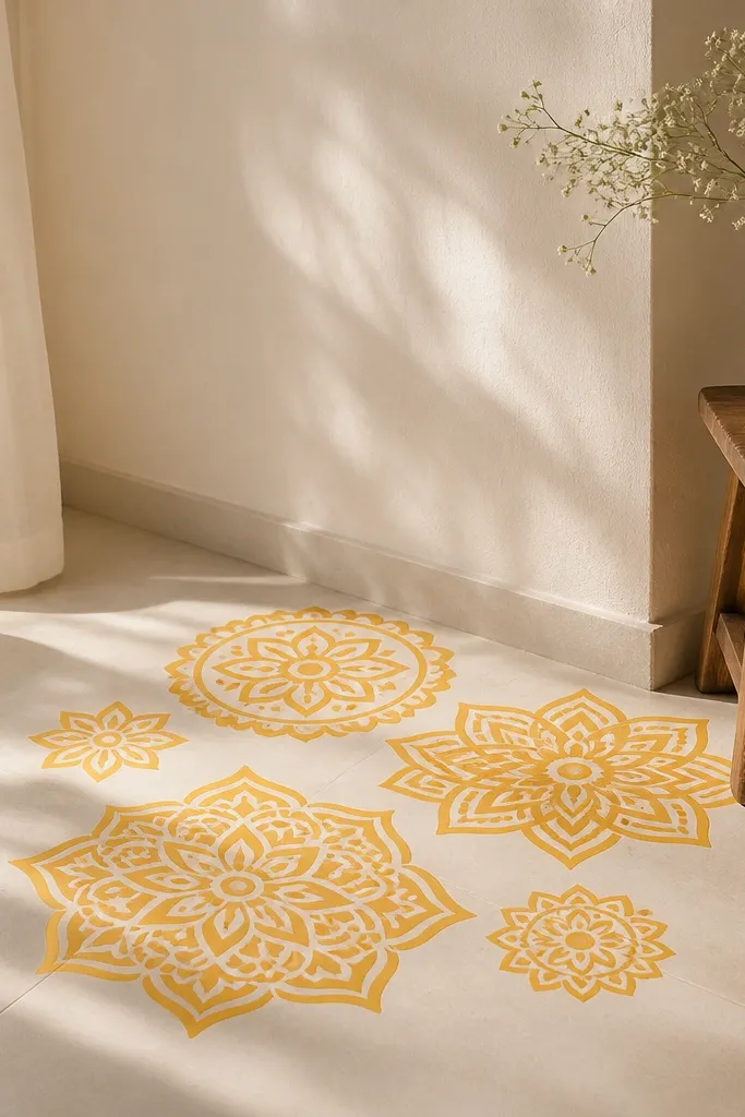A set of reusable floor sticker mats in turmeric yellow and soft gold patterns, placed at the edge of a photo corner; the patterns look like rangoli outlines and they lie flat.