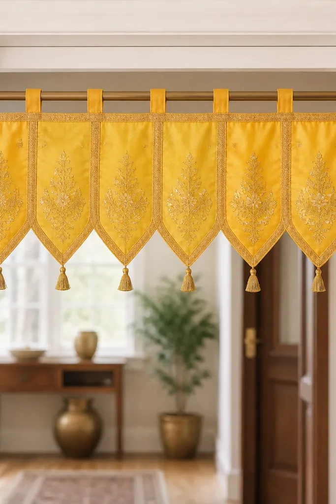 A toran-like fabric banner hanging across a doorway using a portable curtain rod, with small velcro tabs holding the panels; the fabric is yellow and gold with subtle embroidery texture.