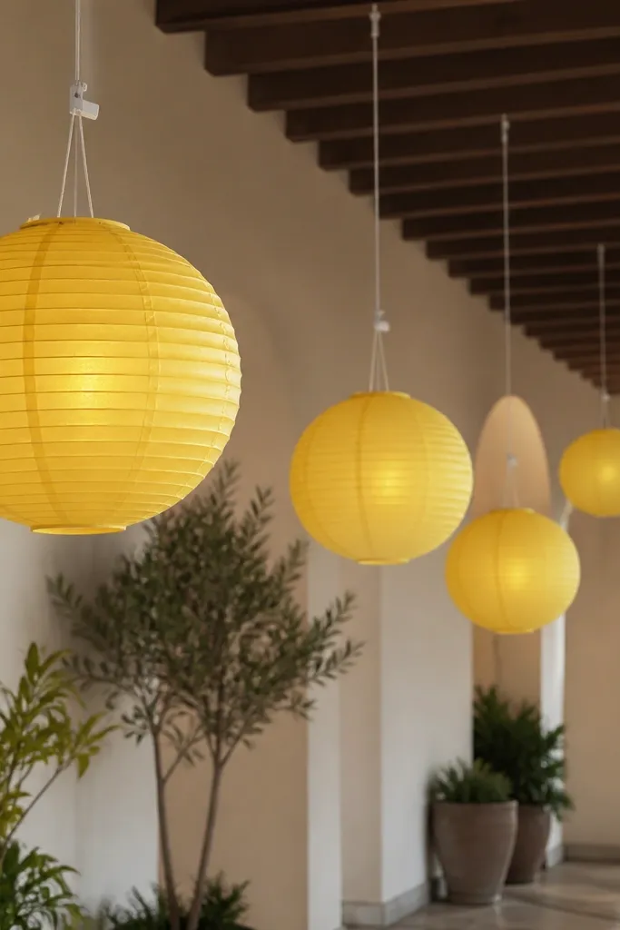 Yellow paper lanterns hanging at staggered heights from ceiling hooks using clip-on strings; the lanterns form a soft diagonal line above a walkway.