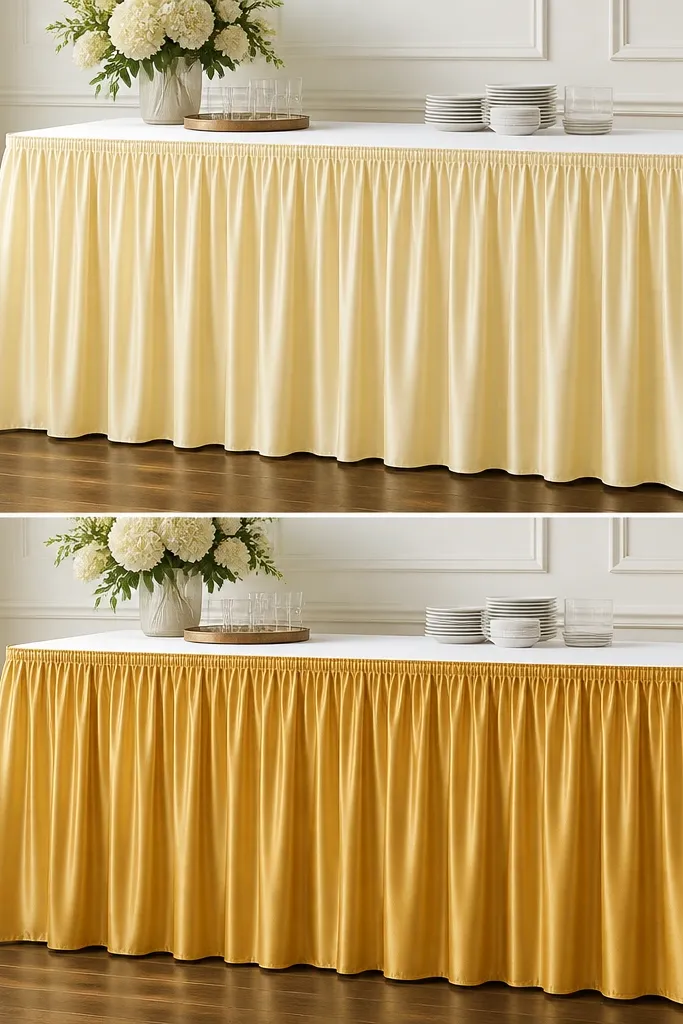 A table covered with a reversible skirting: one side looks pale butter yellow, the other side gold; the hem is elastic so it fits snugly and hangs evenly.