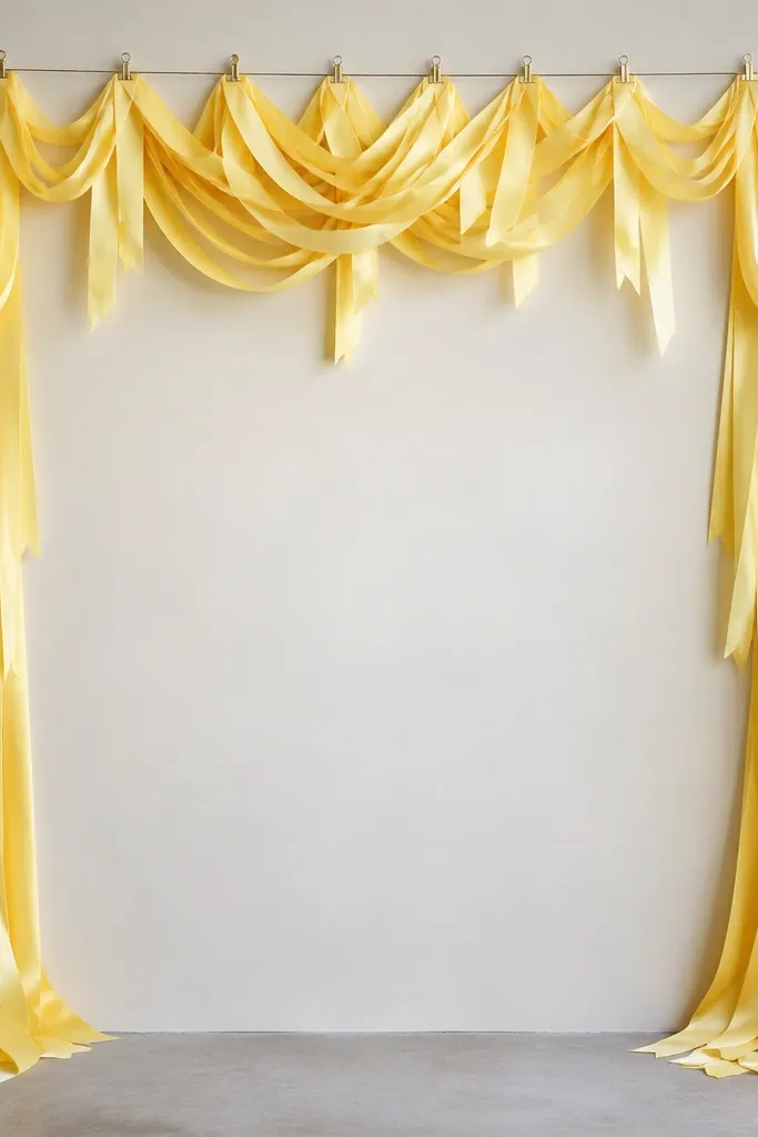 A backdrop wall with a border made from layered yellow silk ribbons, clipped to a top line with small binder clips; the ribbons fall in neat loops and ends.