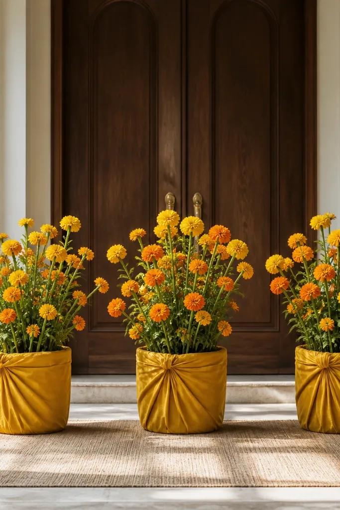 Three identical planters wrapped in yellow fabric and topped with marigold-like artificial stems; the planters sit on a floor runner and look cohesive around the entry.