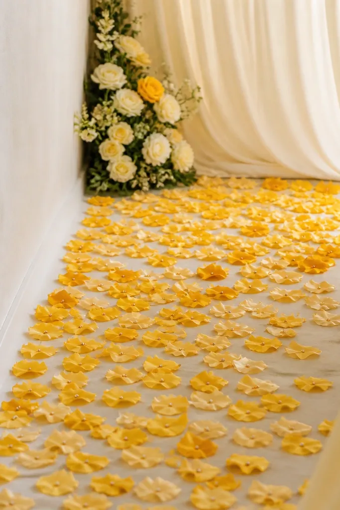 A narrow walkway covered with fabric petals in yellow and gold, each petal has a tiny weight at the center; they stay in place near a photo corner.
