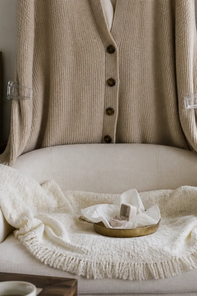 A cozy living-room corner where an oat-colored chunky cardigan is draped vertically behind a small loveseat. Two clear acrylic weighted curtain clips hold the cardigan edges in place. In front, a cream knit throw forms a soft semicircle seat, with a small brass tray holding a ring box wrapped in tissue.