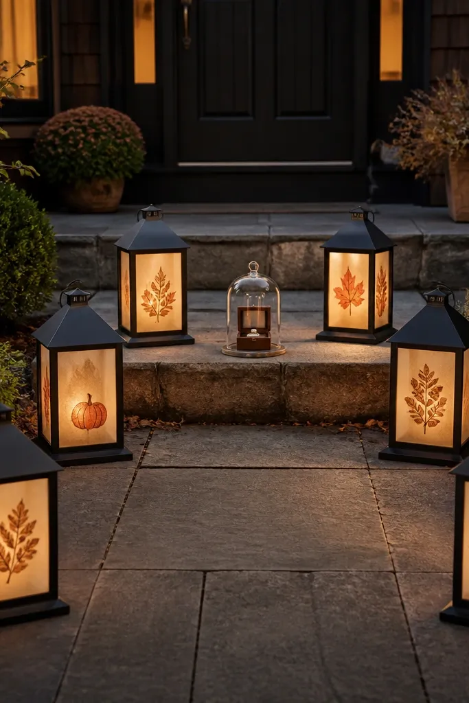 A front walkway at dusk lined with six small lanterns. Each lantern holds a paper luminary printed with simple fall icons in muted cream and burnt orange. A ring box sits on a low stone step under a small glass cloche, with two lanterns angled toward it.