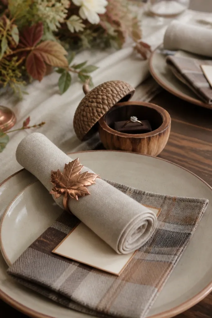 A dining table set for two with cream linen napkins folded into cylinders. Copper maple leaf napkin rings wrap each napkin. A small card sits under a folded place mat, and a ring box is hidden inside a hollowed acorn-shaped decor piece.