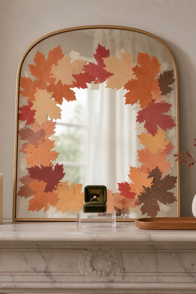 A fireplace mantel with a "window" made from paper leaf cutouts taped with painter's tape to a mirror frame. The center holds a small clear stand with the ring box. Everything else on the mantel is minimal: a single cream candle, a small vase, and a wooden tray.