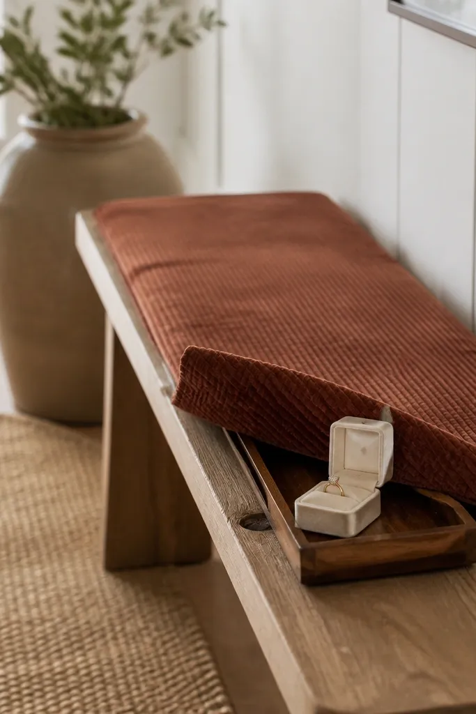 A hallway bench draped with a rust corduroy runner. A slim wooden tray sits under the runner edge with the ring box resting on top. The runner edge is slightly lifted so the tray is hidden until someone pulls it.