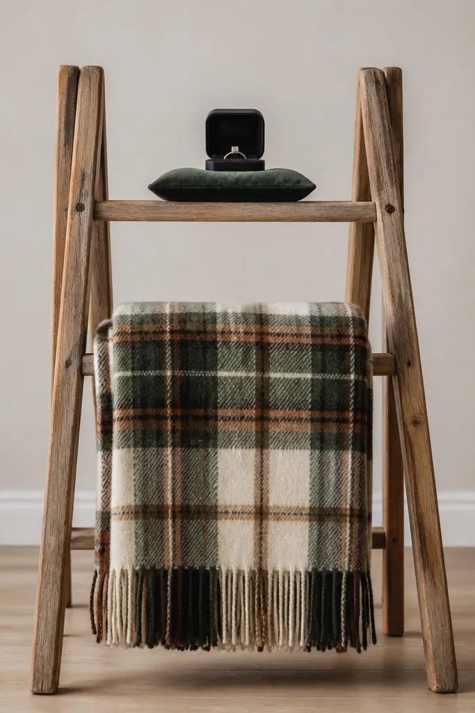 A simple ladder-style blanket setup made with two freestanding wooden A-frames and a folded plaid blanket draped across rungs. The ring box sits on a small velvet cushion on the top rung. The background is a neutral wall with no decorations stuck on it.