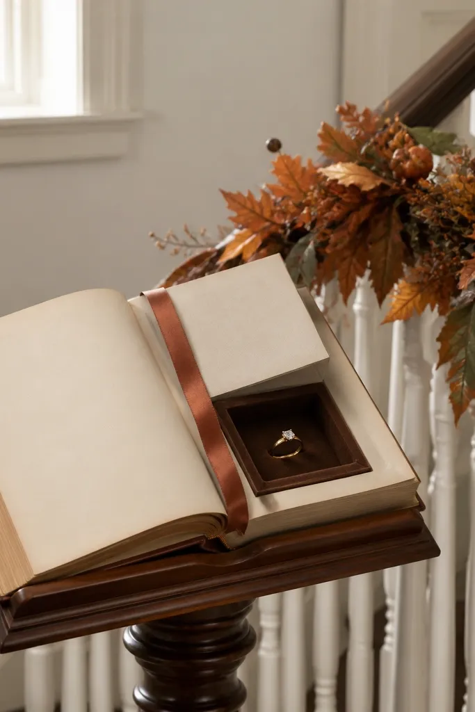 A staircase landing decorated with a weighted fall garland draped along the banister. A thick hardcover book sits open on a small stand. The ring box is hidden inside the book cover flap, and a satin ribbon marks where to open it.