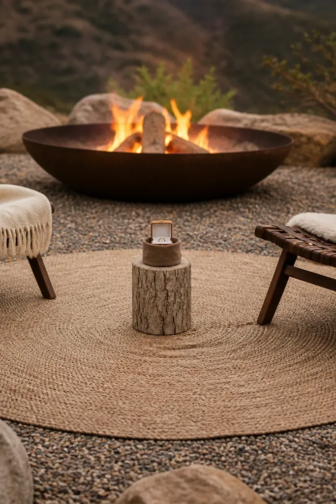 An outdoor firepit area with a round outdoor rug forming a circle. Around the rug are two low chairs with wool blankets draped over them. A ring box sits inside a small sleeve placed on top of a log-look candle holder, centered in the rug circle.