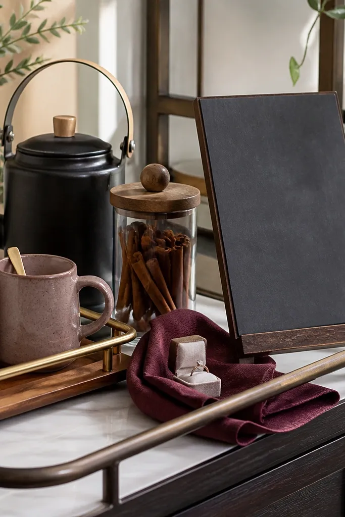 A kitchen counter styled like a tea cart with a small tray of mugs, a kettle, and a cinnamon stick jar. A removable chalkboard menu board is propped on a stand. The ring box sits inside a folded cloth napkin under the menu board, revealed when the board is moved aside.