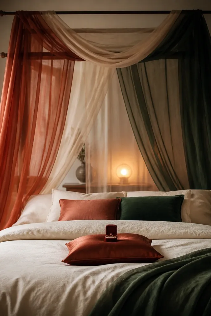 A bedroom bed with a canopy effect: two tension rods above the bed hold long scarf panels. The scarves are in rust, cream, and deep green. A small ring box sits on a silk-like pillow at the center, with a single warm lamp behind the sheer scarf layer.
