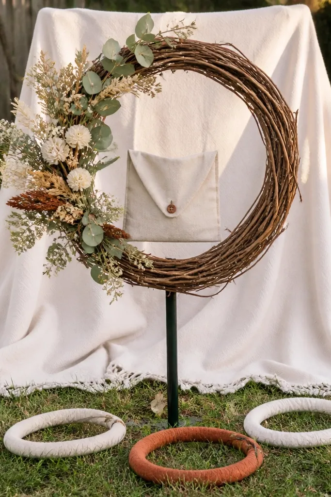 A backyard lawn scene with a large grapevine wreath standing upright on a stake. Around it are three soft fabric ring toss loops in cream and rust. The ring box is hidden in the wreath center behind a small fabric flap, and a soft blanket sits behind as a backdrop.