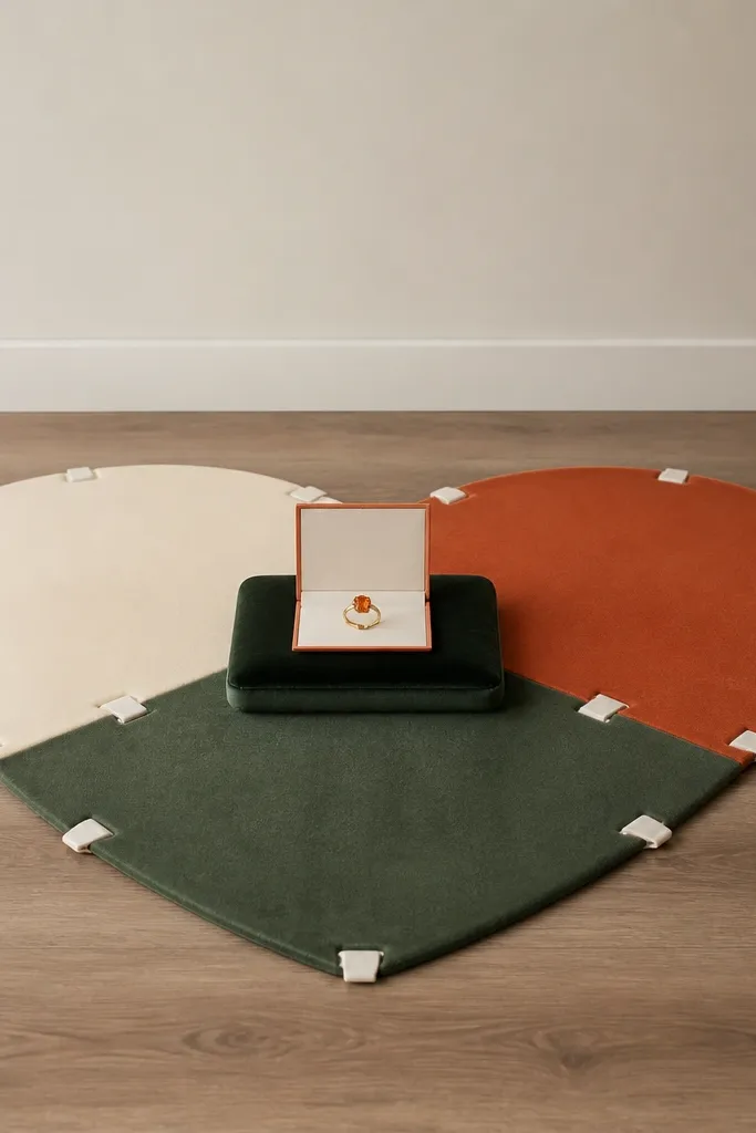 A heart shape made from three fabric panels in cream, burnt orange, and deep green placed on the floor. The panels are held by removable interlocking fabric clips. Inside the heart, a ring pop card sits on top of a small velvet square, and the background wall is plain with no decorations attached.