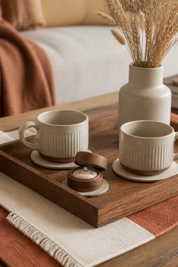 A coffee table styled with a wooden tray, two ceramic mugs, and matching coasters. Under one coaster, a ring box sits on a small felt disc. Place mats in rust and cream are laid flat, and a simple vase of dried wheat stands at the back of the tray.