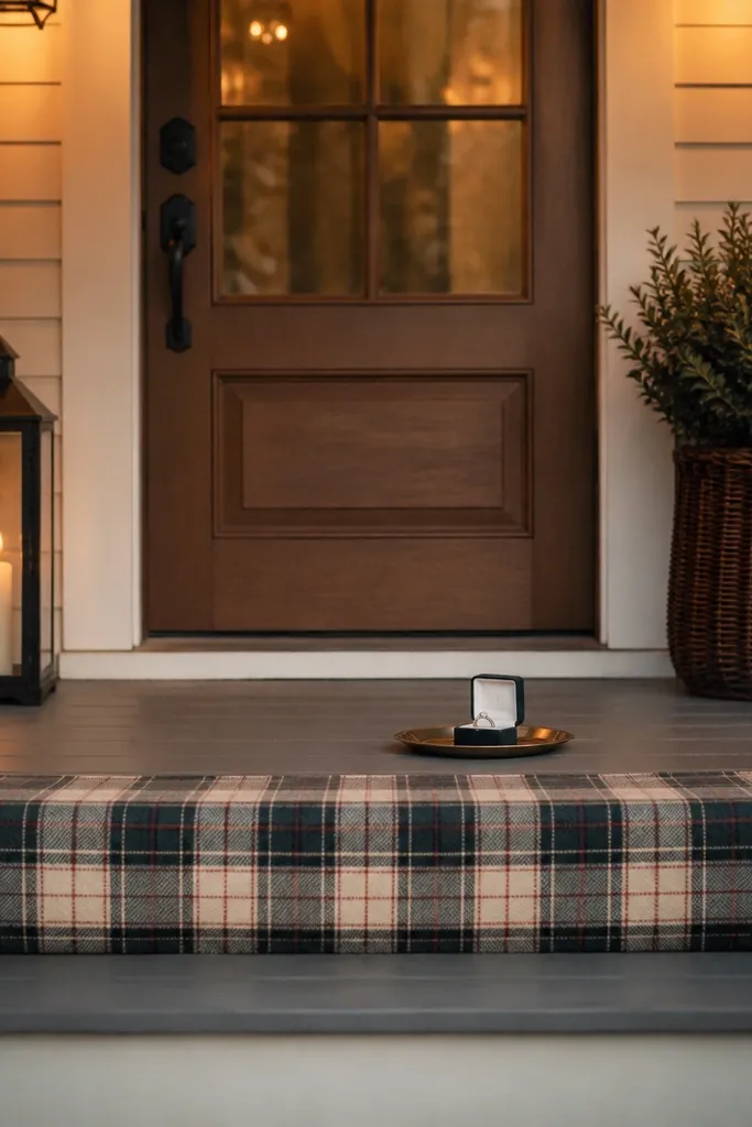 A front porch with an existing welcome mat removed and replaced by a plaid runner laid across the step. A ring box sits behind the runner edge on a small tray. Warm porch light glows, and a small lantern stands to the side.