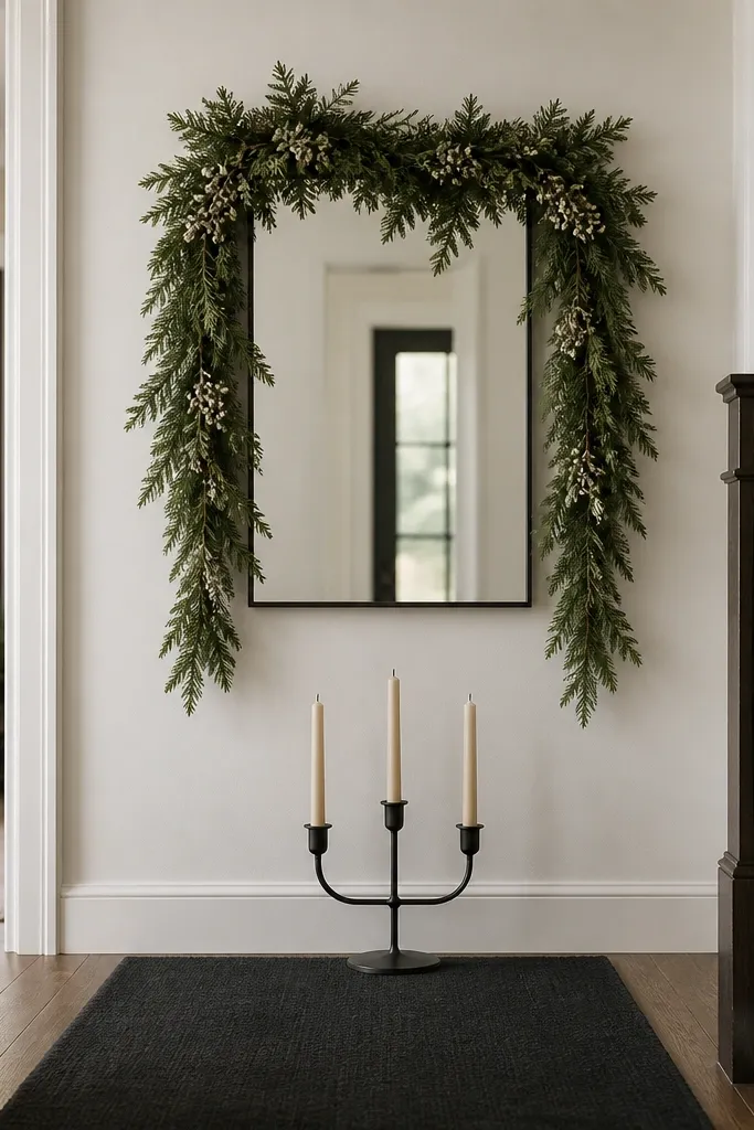 A rectangular mirror framed by a lush evergreen garland with small cream buds, draped in a shallow U shape across the top and sides. Beneath it sits a black metal candelabra holding three taper candles. The entry wall is painted off-white and the floor is covered with a dark charcoal runner.