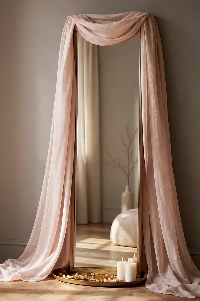A tall rectangular mirror with a blush linen panel draped from the top and falling in soft folds on both sides. At the base sits a shallow tray with gold leaf confetti scattered and two small white pillar candles. The room lighting is warm and the wall is warm gray.