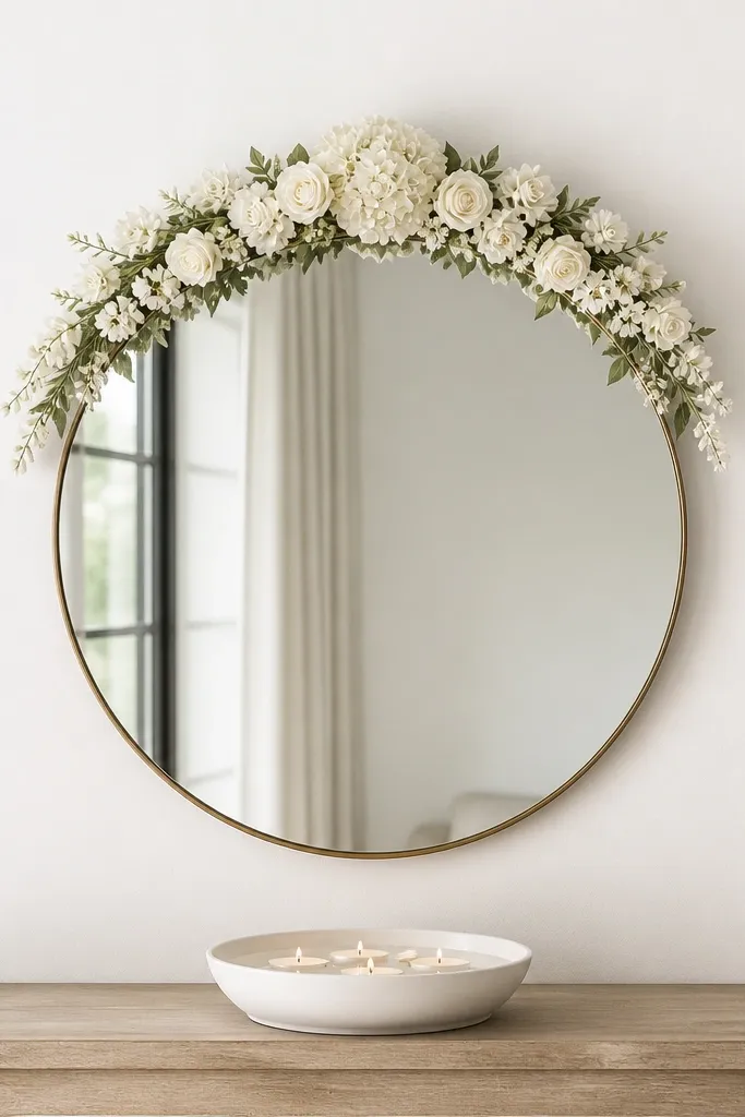 A minimalist round mirror with a top-only arch of matte white faux florals, shaped like a gentle crown. The entry table beneath has a single low white bowl with floating candles. The background wall is a clean white.