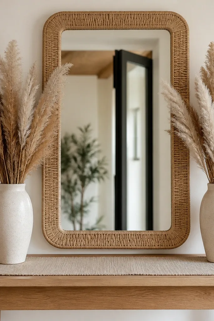 A rectangular mirror with a woven rattan frame wrap. On both sides of the mirror base sit two tall vases filled with dried pampas grass feathers. The entry table is light oak with a beige runner.