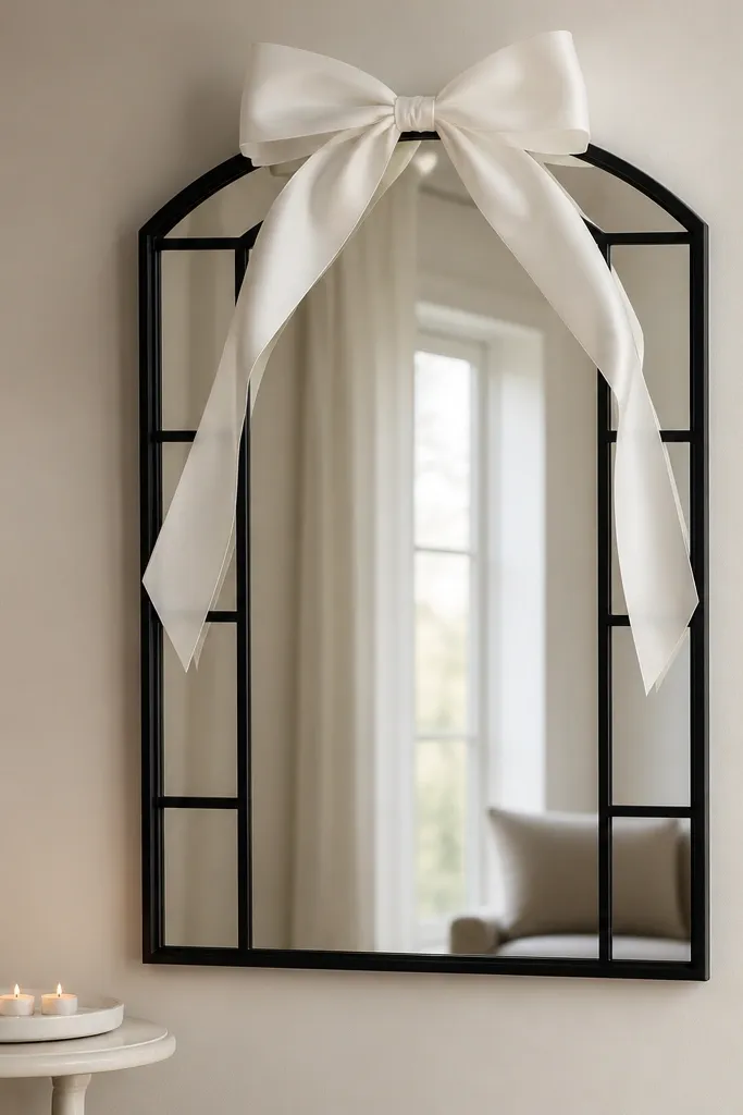 A black-framed mirror with a thin window-style grid on the frame. A single oversized white ribbon bow sits at the very top center, with two ribbon tails falling down near the edges. A small white side table holds a tray with four tea lights.