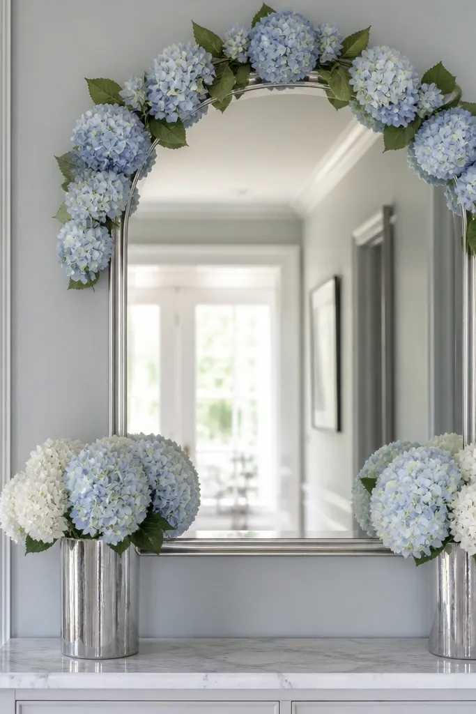 A mirror with a soft blue hydrangea garland wrapped around the top edge. Under the mirror, two silver cylindrical vases hold pale blue and white hydrangea clusters. The entry wall is a cool light gray.