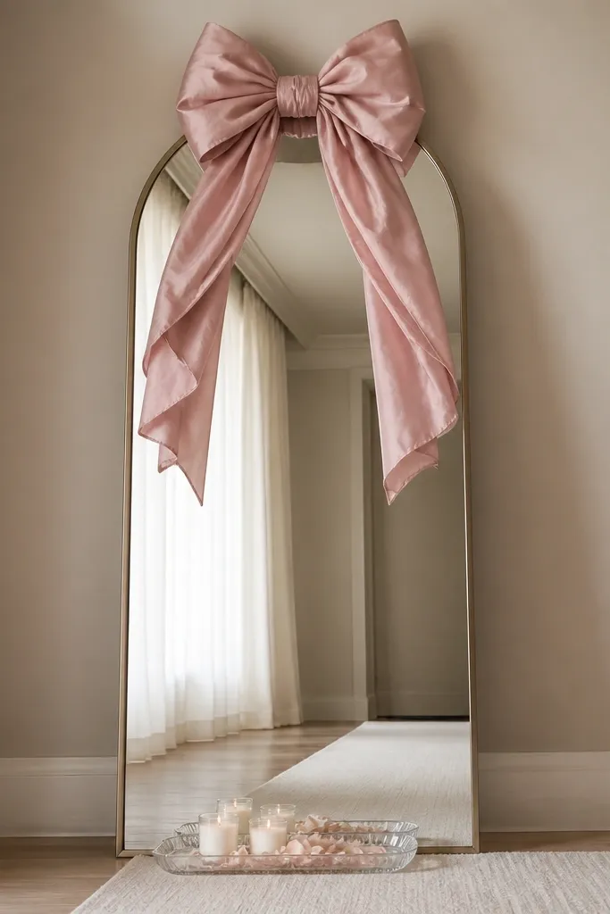 A tall mirror with a peony pink oversized bow tied at the top center. A clear glass tray sits beneath the mirror holding three small candles and scattered blush rose petals. The floor has a cream runner and the wall is light beige.