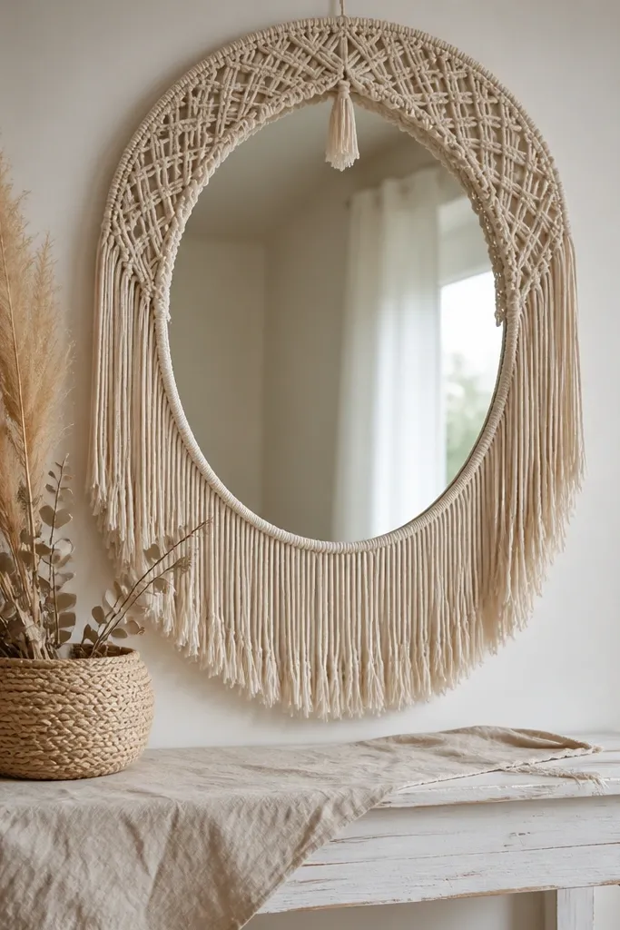 A mirror with macramé fringe hanging around the outer edge like a soft curtain. Beneath, a woven basket holds neutral pampas and a few dried eucalyptus leaves. The entry table is whitewashed wood with a beige linen cloth.