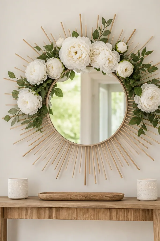A mirror with a removable sunburst backdrop behind it made from thin birch sticks, radiating outward. White peonies and green leaves are arranged in a fan-like cluster at the top and sides. The entry table has a small wooden tray and two white votives.