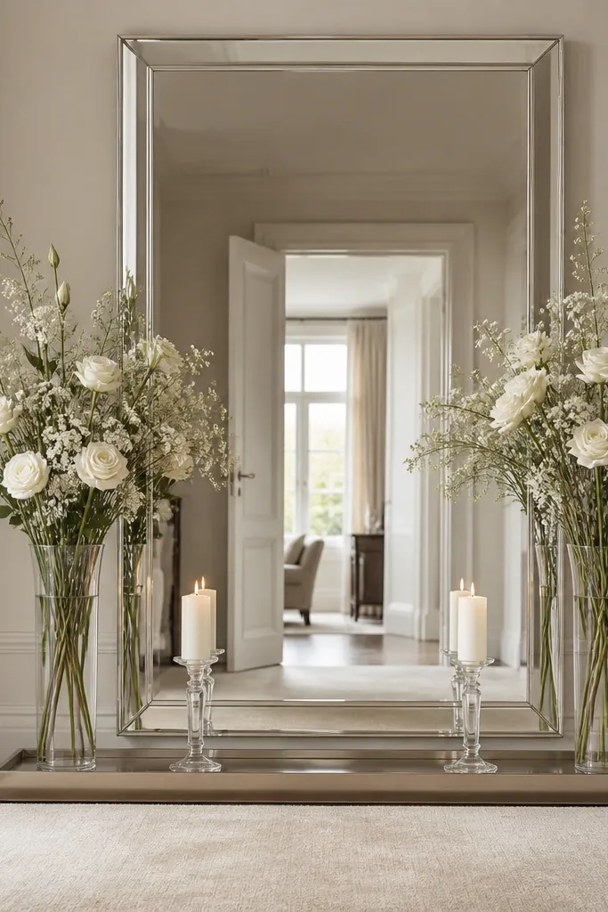 A large rectangular mirror with two tall clear vases on either side. The vases hold white roses and white filler flowers with long stems, plus two tall candles on a base tray below. The floor is covered with a cream runner.