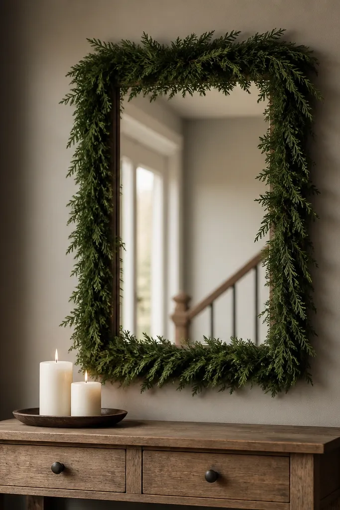 A mirror framed entirely with greenery garland, no flowers, leaving the glass clean. The base holds two white pillar candles on a dark wooden tray. The entry wall is a soft gray and the lighting is warm.